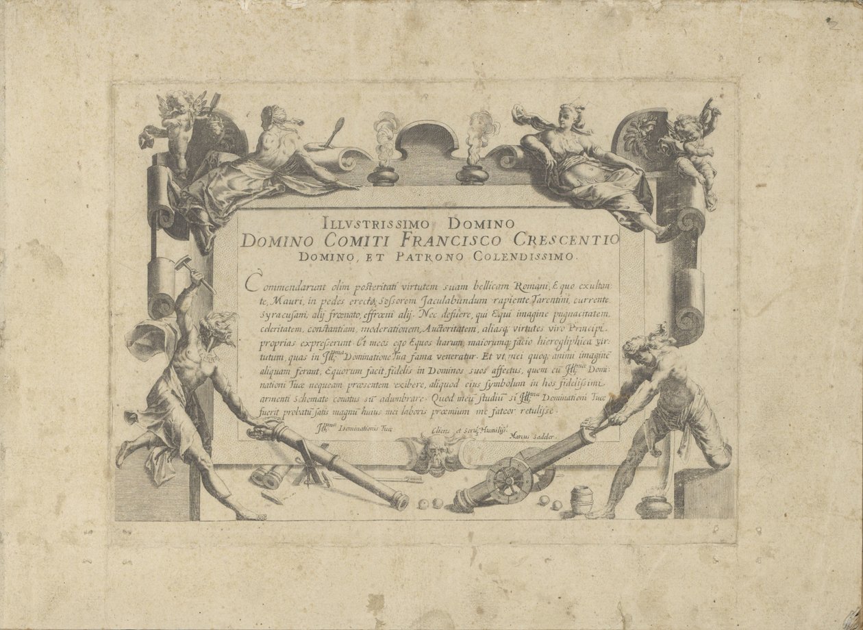 Ornamenteel cartouche tapasi aan de schilder Francesco Crescenzi Hevonen, jossa kaikenlaisia ​​aatelisia: eri puolilta maailmaa erottuneiden hevosten käyttäytyminen valittu (...) (sarjan nimi esineellä) tekijältä Anonymous