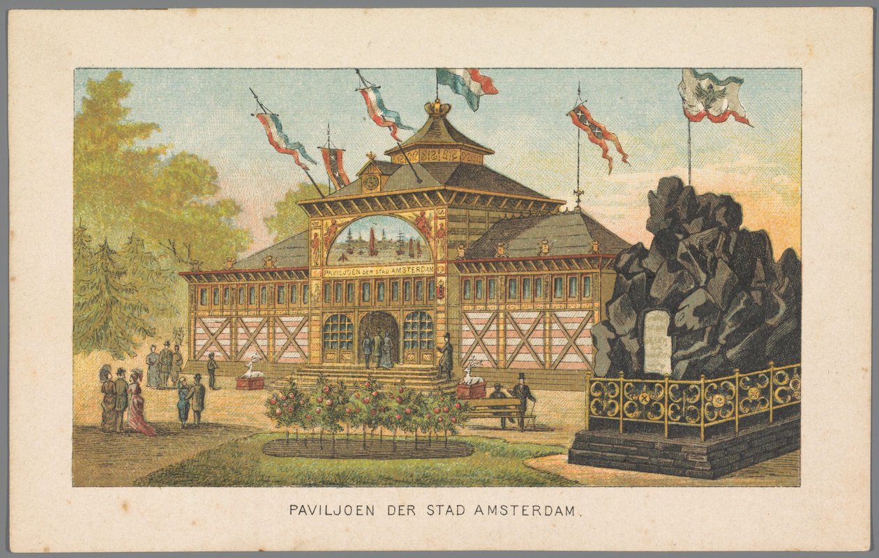 Amsterdamin kaupungin paviljonki maailmannäyttelyssä Amsterdamissa, 1883 Amsterdamin kaupungin paviljonki (otsikko esineessä) Muisto Amsterdamista vuonna 1883 (sarjan nimi esineessä) tekijältä Anonymous