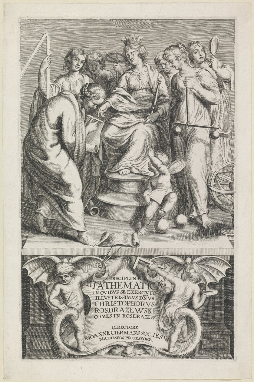 Personifikaatio van de Wiskunde Otsikko voor: Christophorus Rosdrazewski, Mathematical Disciplines, [1640-1648] tekijältä Anonymous