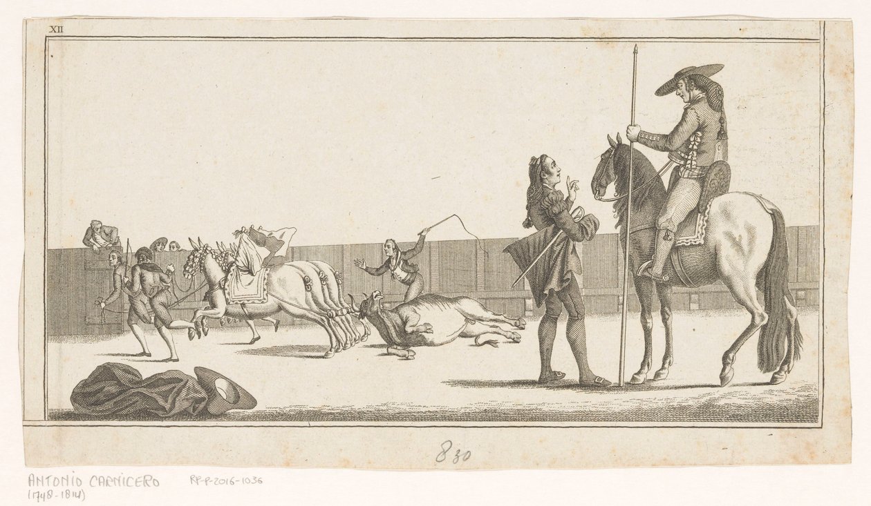 Picador ja matador tapettuaan härän Coleccion de las Principles suertes de una corrida de toros (sarjan nimi esineellä) Kokoelma tärkeimmistä härkätaisteluharjoituksista (sarjan nimi) tekijältä Anonymous