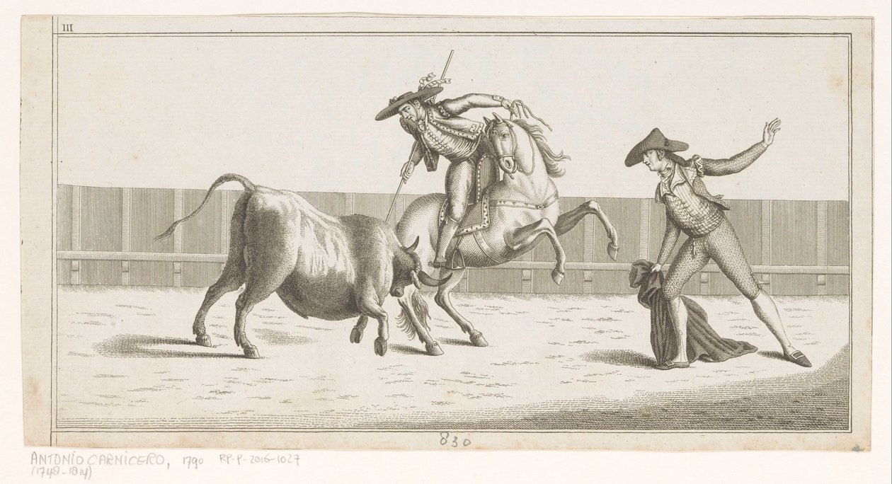 Picador upottaa keihänsä härkään Coleccion de las Principles suertes de una corrida de toros (sarjan nimi esineellä) Kokoelma tärkeimmistä härkätaistelutehtävistä (sarjan nimi) tekijältä Anonymous
