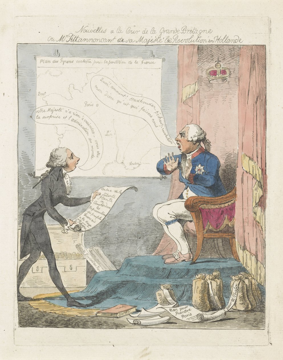 Pitt toi George III:n uuteen vallankumoukseen Alankomaissa, 1795 Uutisia Ison-Britannian tuomioistuimessa tai herra Pitt ilmoittamassa hänen Majesteettilleen vallankumouksesta Hollannissa (otsikko esineessä) tekijältä Anonymous