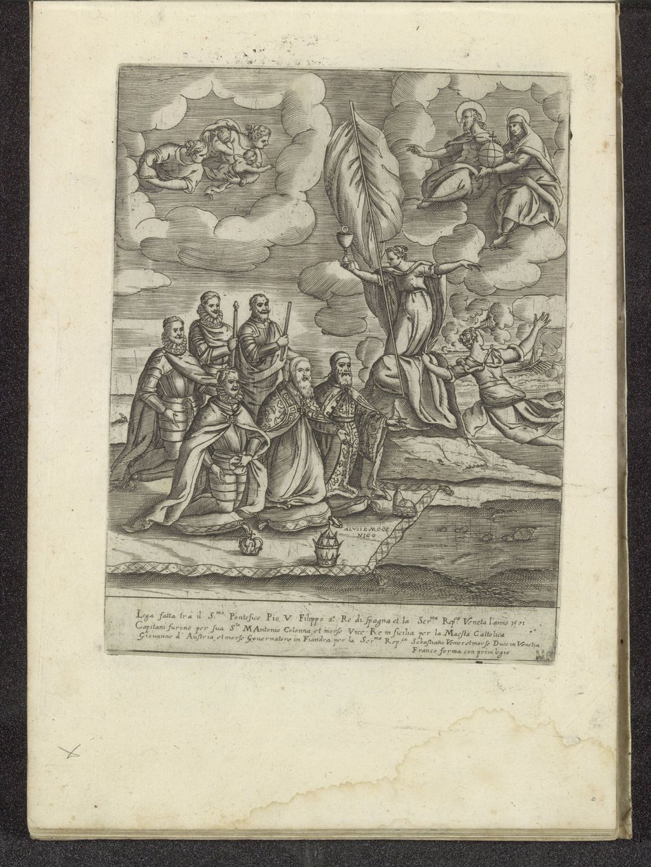 Pius V, Philip II, Alvise I Mocenigo, Sebastiano Vernier, Marcantonio Colonna ja itävaltalainen Don Juan polvistumassa uskon edessä Kohtauksia venetsialaisesta elämästä (sarjan nimi) Habiti d