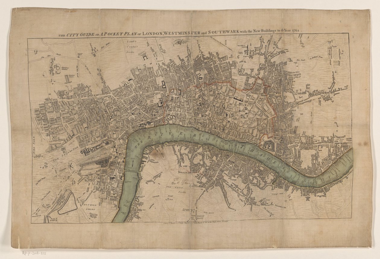 Plattegrond van London, 1761 Lontoon, Westminsterin ja Southwarkin kaupunkiopas tai taskusuunnitelma uusilla rakennuksilla vuoteen 1761 (otsikko esineessä) tekijältä Anonymous