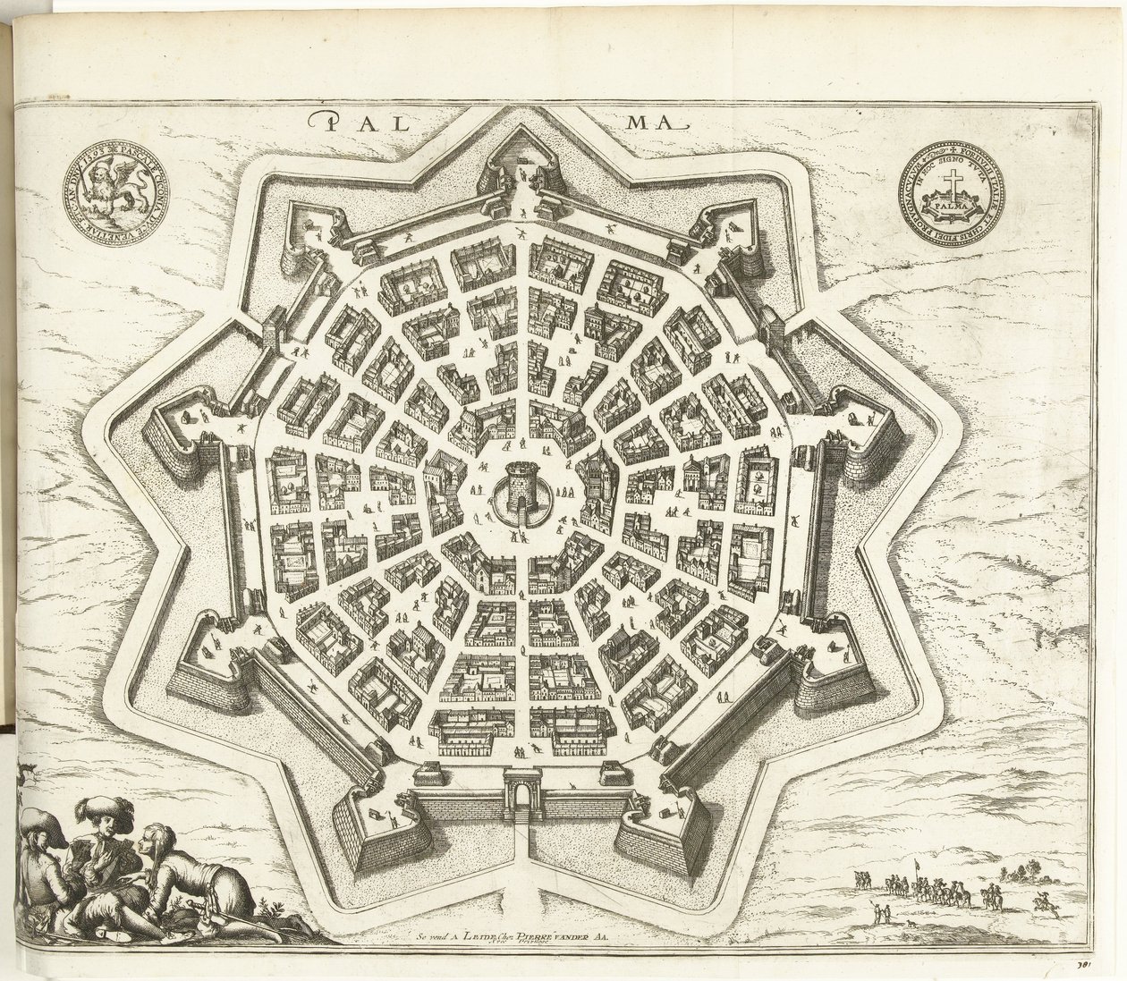 Plattegrond van Palmanova, 1726 Palma (otsikko esineessä) Euroopan, Aasian, Afrikan ja Amerikan joukot (...) Kuten myös Ranskan ja Espanjan rannikkokartat (sarjan nimi esineessä) tekijältä Anonymous