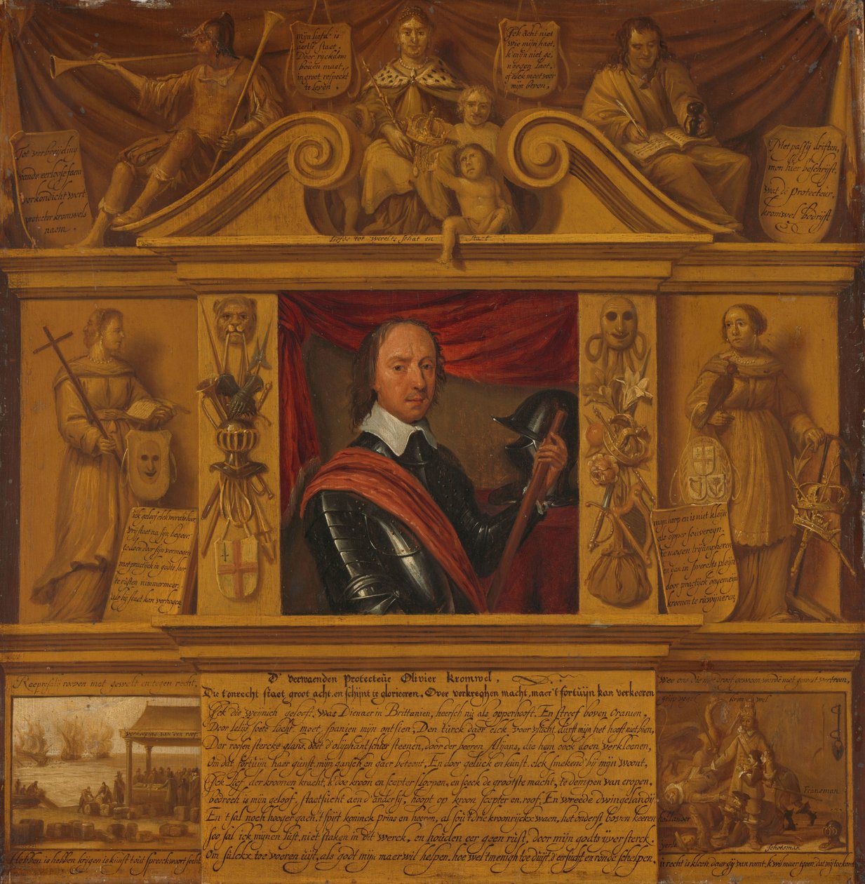 Oliver Cromwellin muotokuva kehyksessä, jossa on allegorisia hahmoja ja historiallisia esityksiä tekijältä Anonymous