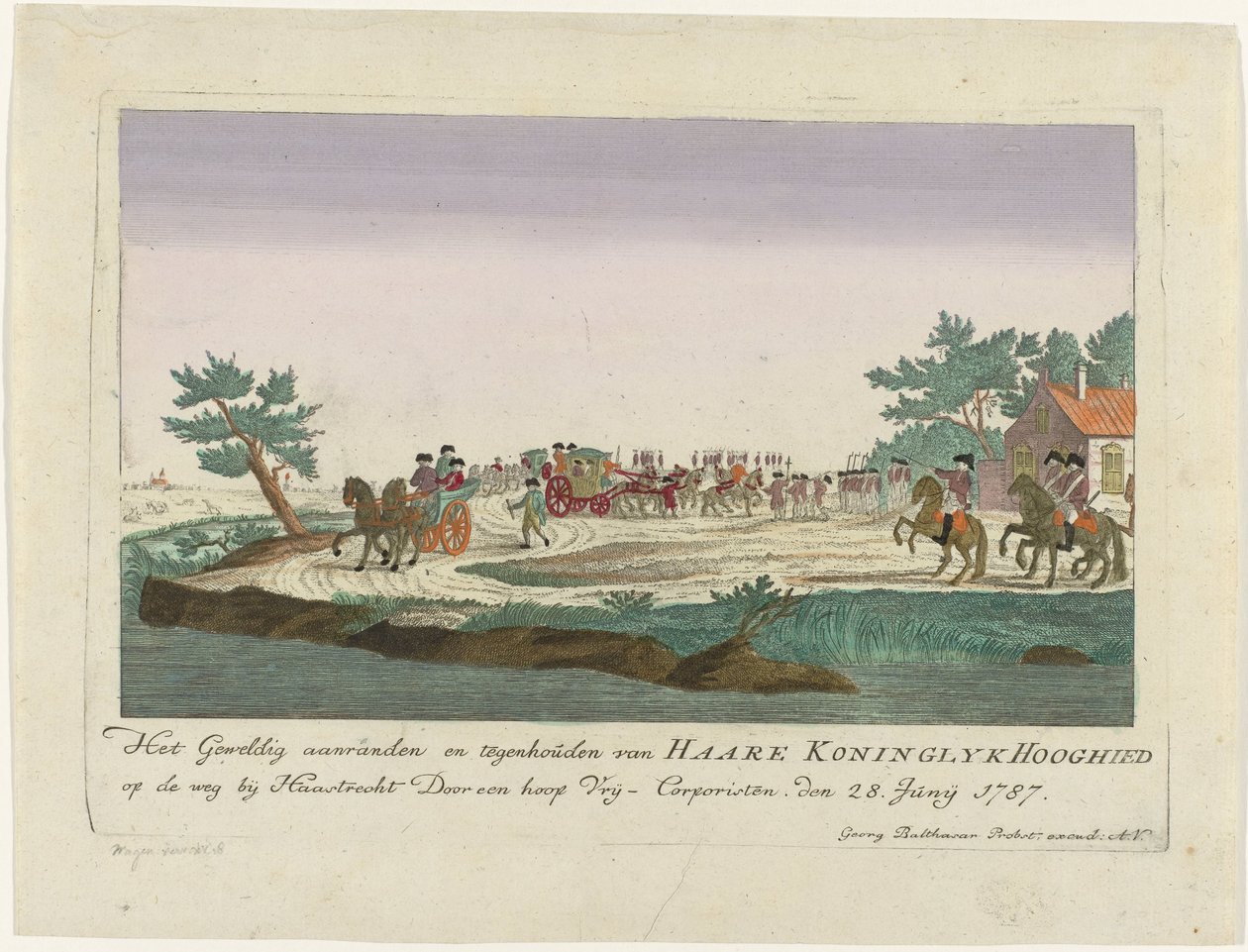 Oranssin prinsessa pidettiin Goejanverwellesluisissa, 1787 Haare Koninglyk Hooghiedin suuri hyökkäys ja pysäyttäminen tiellä lähellä Haastrechtiä Vrij-Corporistenin toimesta. 28. kesäkuuta 1787 (otsikko esineessä) Värilliset saksalaiset printit noin d tekijältä Anonymous