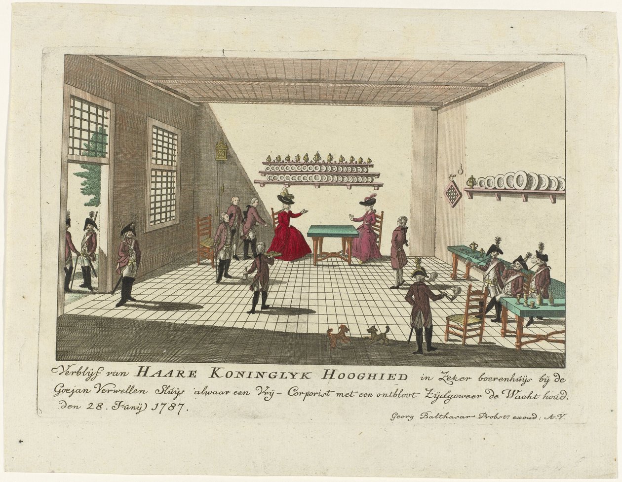Oranssin prinsessa Goejanverwellesluisin vartiohuoneessa, 1787 Haare Koninglyk Hooghiedin yöpyminen tietyn maanviljelijän talossa lähellä Goejan Verwellen Sluijsia, jossa Vrij-Corpisti vahtii alastomalla sivukiväärillä. 28. kesäkuuta 1787 (otsikko esineess tekijältä Anonymous