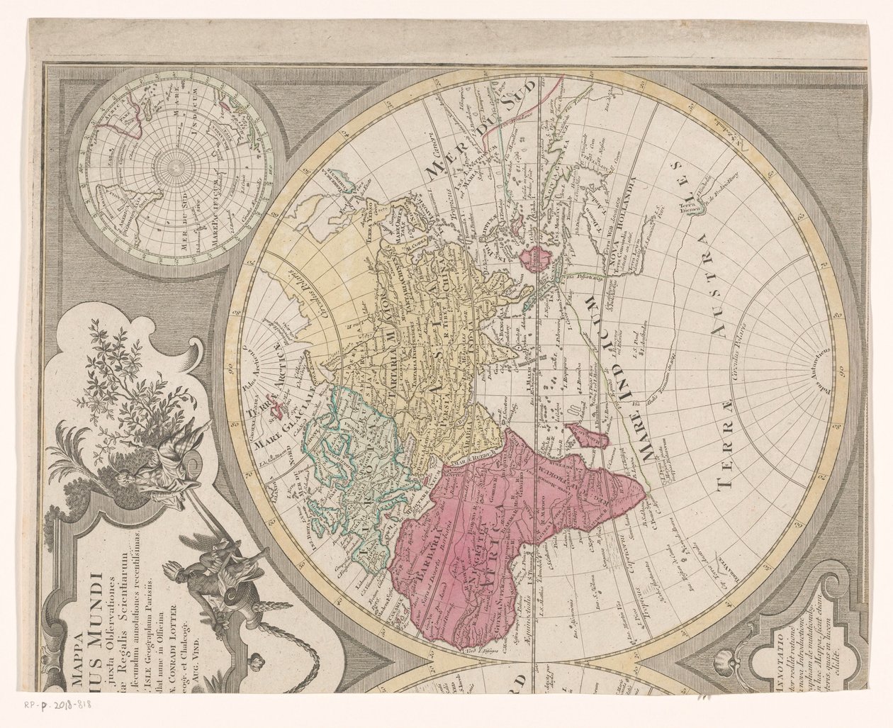 Maailmankartan oikea puolisko, joka näyttää itäisen pallonpuoliskon Mappa totius mundi : adornata juxta observations (...) (otsikko esineessä) tekijältä Anonymous