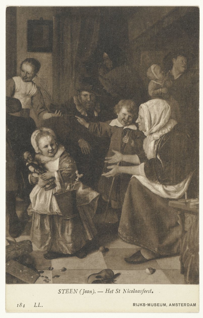 Jäljennös Jan Steenin maalauksesta Pyhän Nikolauksen juhla Pyhän Nikolauksen juhla (otsikko esineessä) Rijks-museo, Amsterdam (sarjan nimi) tekijältä Anonymous