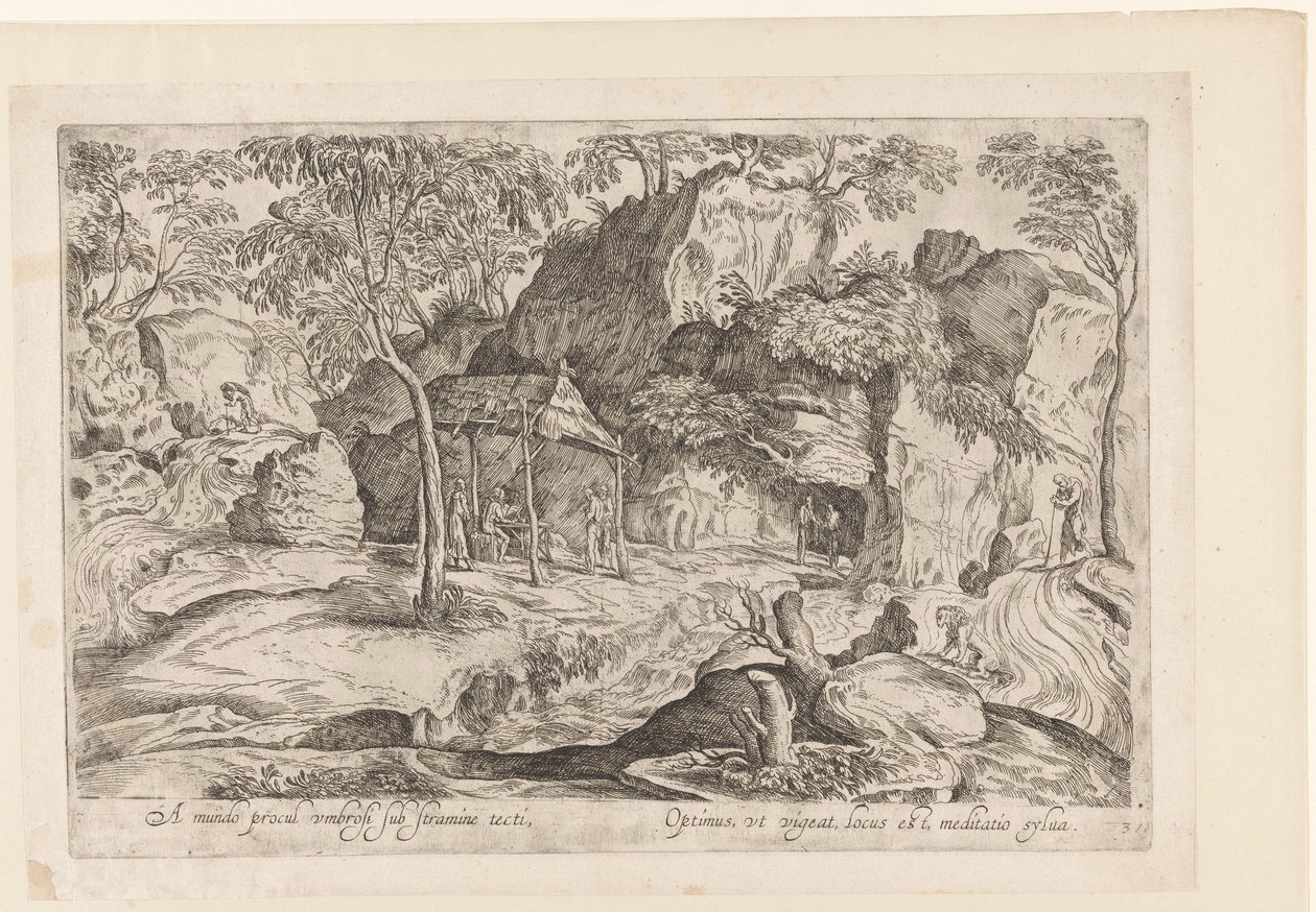 Rotsachtig landschap met dak op paleen en rechts leeuw Kaukana maailmasta, suojassa olkikaton alla, Landschappen naar Domenico Campagnola (sarjan nimi) tekijältä Anonymous