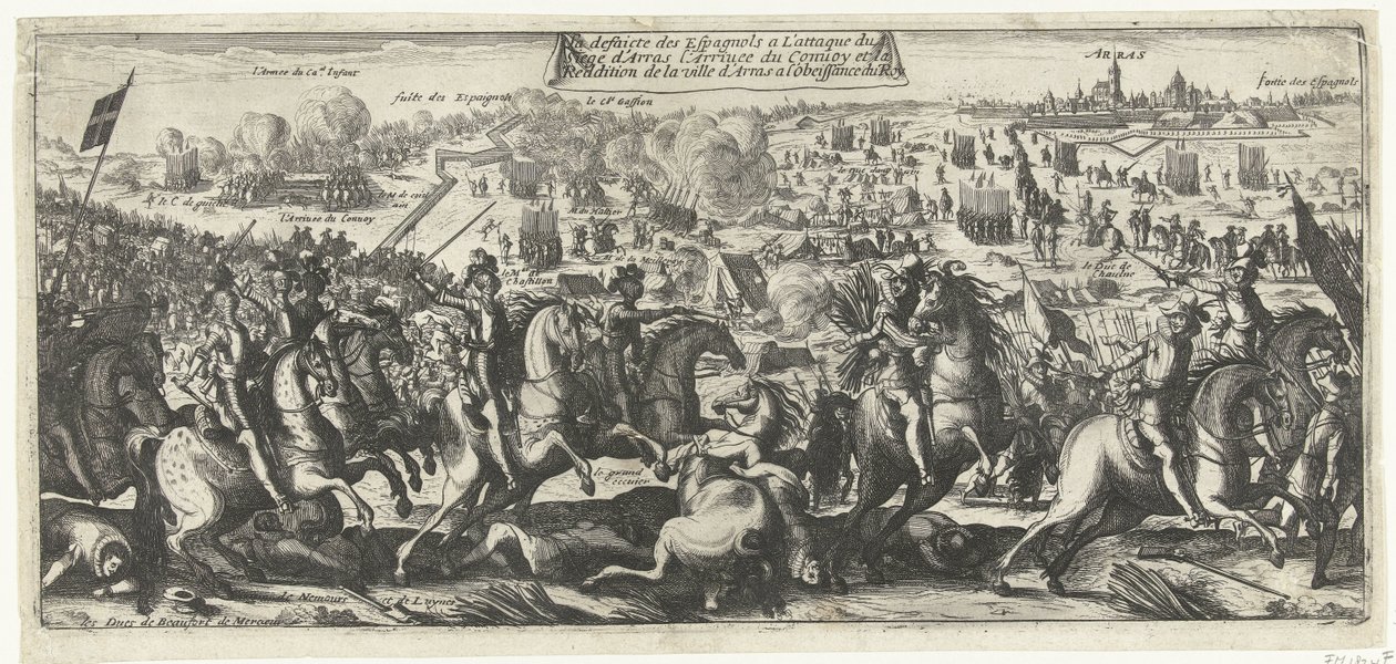 Ruiter Gevecht bij Arras, 1640 Espanjalaisten tappio Arrasin piirityksen hyökkäyksessä Saattueen saapuminen ja Arrasin kaupungin antautuminen kuninkaan kuuliaisuuteen (otsikko esineessä) tekijältä Anonymous