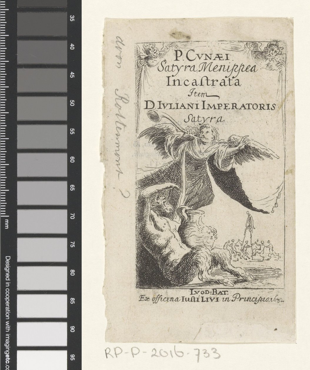 Satyr and Angel Blawing Trumpet Nimisivu: Petrus Cunaeus, Satyra Menippea Incastrata, 1632 tekijältä Anonymous
