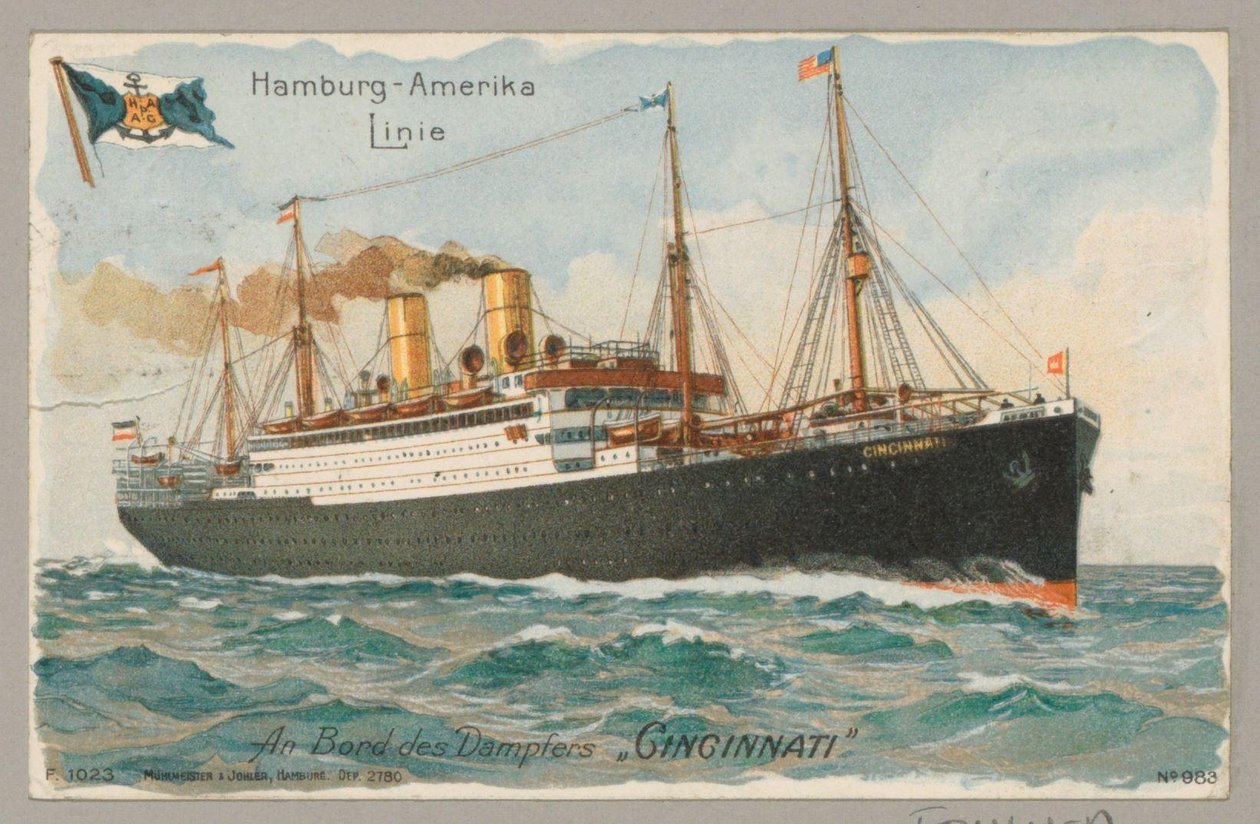 Laiva "Cincinnati" Hamburg America Linesta (Hapag) avomerellä Hamburg-America Line An Bord des Dampfers "Cincinnati" (otsikko esineessä) tekijältä Anonymous