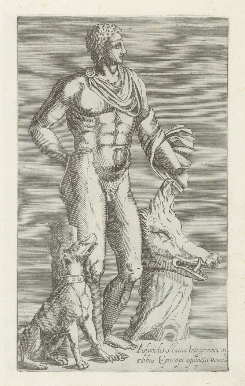 Sculptuur van Adonis met jachthond en kop van een everzwijn L