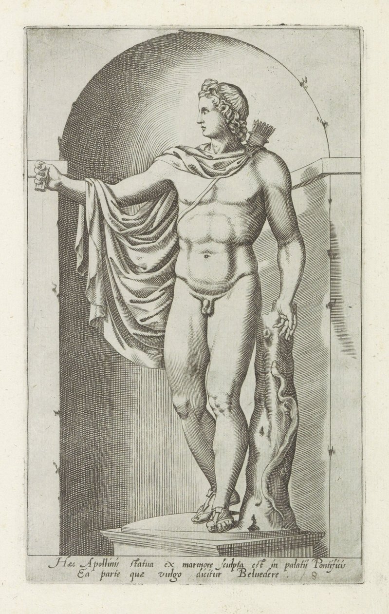 Apollon veistos Apollo Belvedere Tämä Apollon patsas kaiverrettiin marmorista paavinpalatsissa (...) (otsikko esineessä) Antiikkiveistoksia Roomassa (sarjan nimi) Ikonit Rooman kaupungin muinaisista patsaista, joita nähdään julkisilla paikoilla (sarja t tekijältä Anonymous