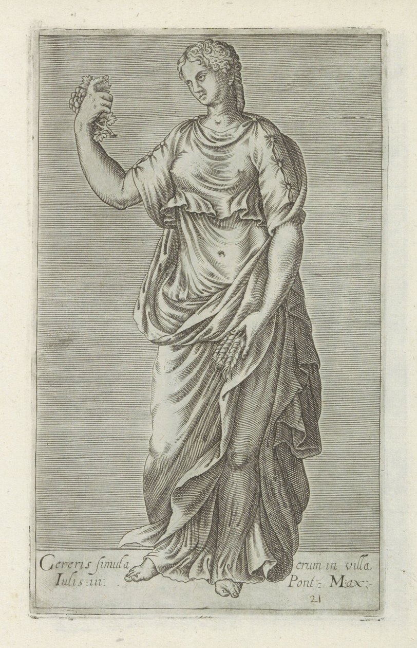 Veistos van Ceres Ceresin patsas Pontuksen Julius III:n kaupungissa. Max. (otsikko esineessä) Antiikkiveistoksia Roomassa (sarjan nimi) Ikonit Rooman kaupungin muinaisista patsaista, joita nähdään julkisilla paikoilla (sarjan nimi) tekijältä Anonymous
