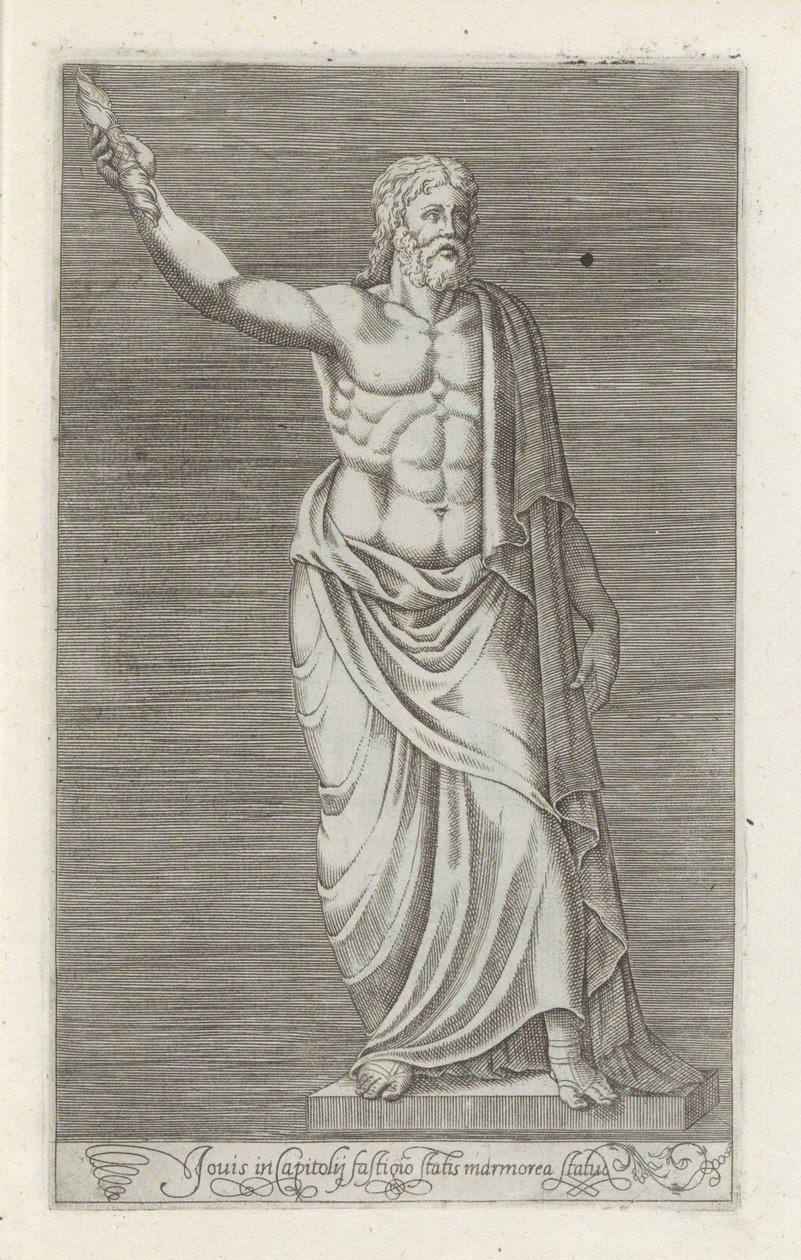 Jupiterin veistos Jupiterin marmoripatsas, joka seisoo Capitolin huipulla (otsikko esineessä) Antiikkiveistoksia Roomassa (sarjan nimi) Ikonit Rooman kaupungin muinaisista patsaista, joita nähdään julkisilla paikoilla (sarjan nimi) tekijältä Anonymous