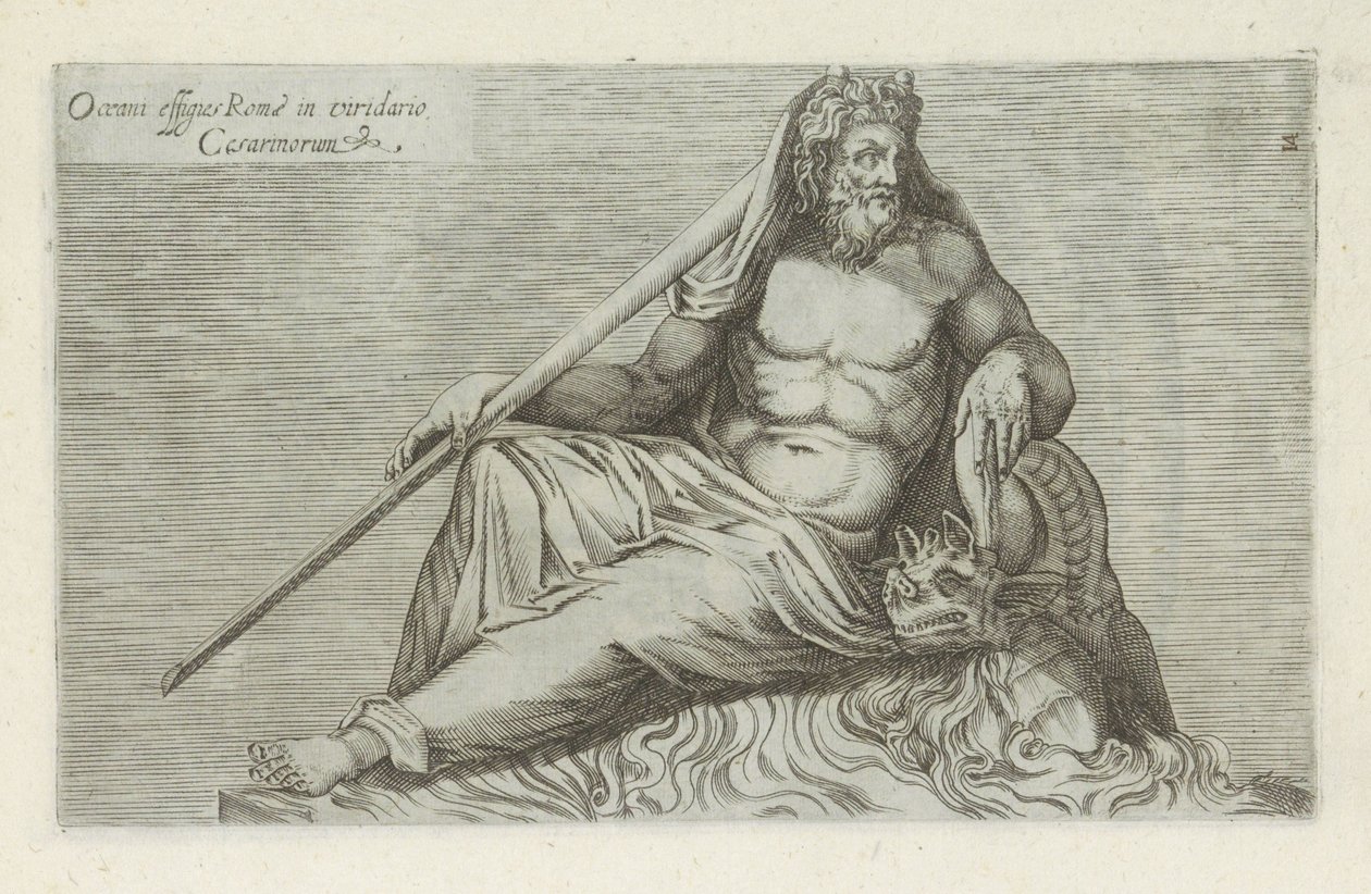 Veistos van Oceanus Rooman Oceanuksen muotokuva Caesarien vihreässä puutarhassa (otsikko esineessä) Antiikkiveistoksia Roomassa (sarjan nimi) Ikonit Rooman kaupungin muinaisista patsaista, joita nähdään julkisilla paikoilla (sarjan nimi) tekijältä Anonymous