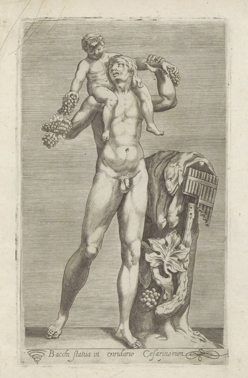 Sculptuur van Silenus met de jonge Bacchus op zijn schouders Bacchuksen patsas Caesarien puutarhassa (nimi esineessä) Antiikkiveistoksia Roomassa (sarjan nimi) Ikonit Rooman kaupungin muinaisista patsaista, joita nähdään julkisilla paikoilla (sarjan nimi) tekijältä Anonymous