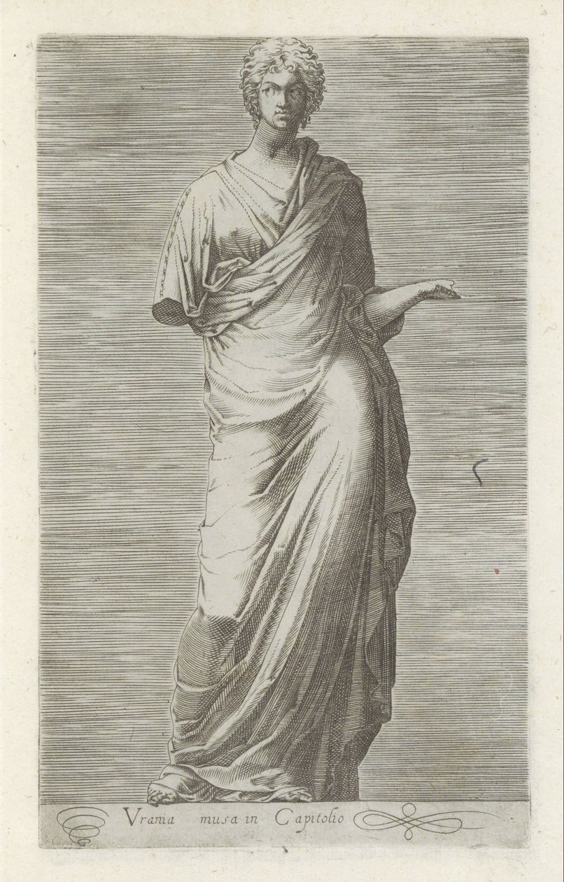 Sculptuur van Urania, muze van de sterrenkunde Urania museo Capitolissa (otsikko esineessä) Antiikkiveistoksia Roomassa (sarjan nimi) Ikonit Rooman kaupungin muinaisista patsaista, joita nähdään julkisilla paikoilla (sarjan nimi) tekijältä Anonymous