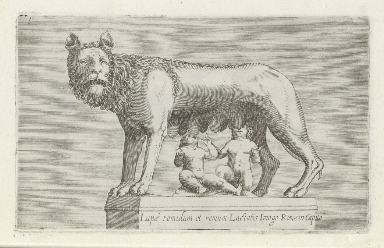 Sculptuur van de Lupa Capitolina die de tweeling Romulus en Remus zoogt Romulus ja Remus imettävät Rooman susikuvaa Capitossa (otsikko esineessä) Antiikkiveistoksia Roomassa (sarjan nimi) Rooman kaupungin muinaisista patsaista, joita on tarkoitus nähdä jul tekijältä Anonymous