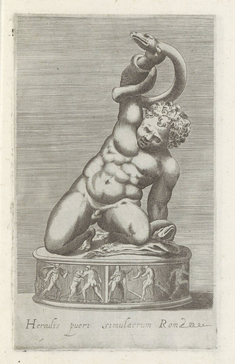 Veistos van de jonge Hercules taistelussa tapasi slangia Herkuleen, Rooman lapsen patsas (nimi esineessä) Antiikkiveistoksia Roomassa (sarjan nimi) Ikonit Rooman kaupungin muinaisista patsaista, joita nähdään julkisilla paikoilla (sarjan nimi) tekijältä Anonymous