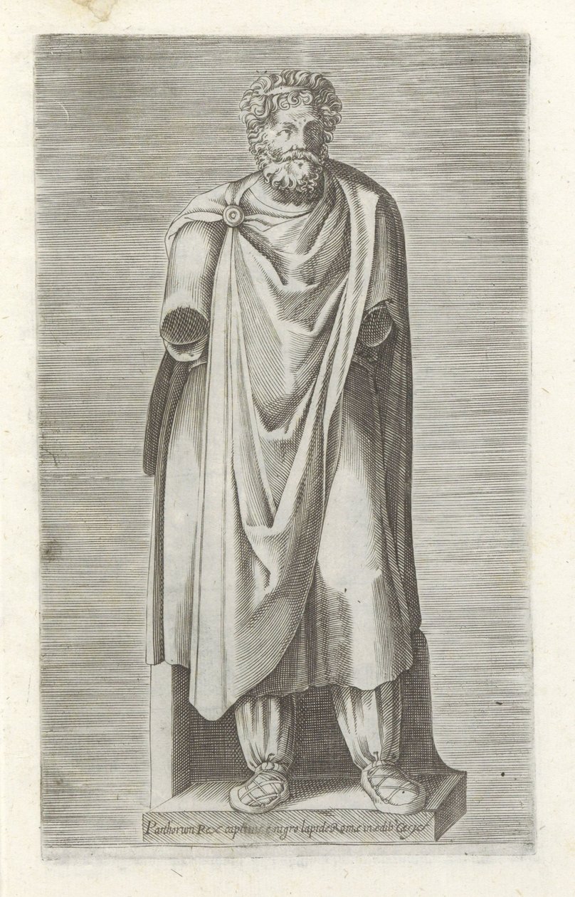 Sculptuur van een gegengen koning Parthoriumin kuninkaan vankeja Rooman mustasta kivestä Cesysin rakennuksessa (nimi esineessä) Antiikkiveistoksia Roomassa (sarjan nimi) Ikonit Rooman kaupungin muinaisista patsaista, joita nähdään julkisilla paikoilla (sar tekijältä Anonymous