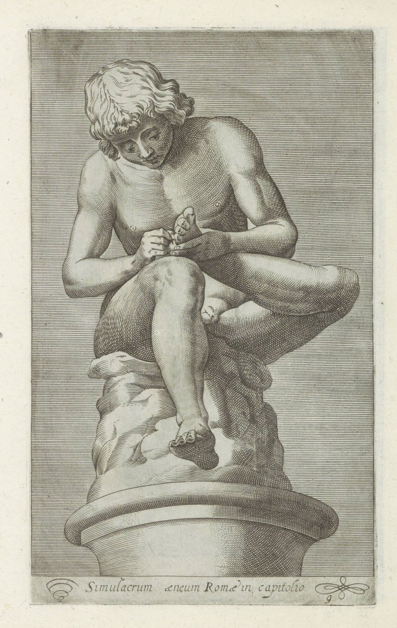 Sculptuur van een jongen met een doorn in de voet Selkäydin Rooman pronssinen simulaakri pääkaupungissa (otsikko esineessä) Antiikkiveistoksia Roomassa (sarjan nimi) Ikonit Rooman kaupungin muinaisista patsaista, joita nähdään julkisilla paikoilla (sarjan  tekijältä Anonymous