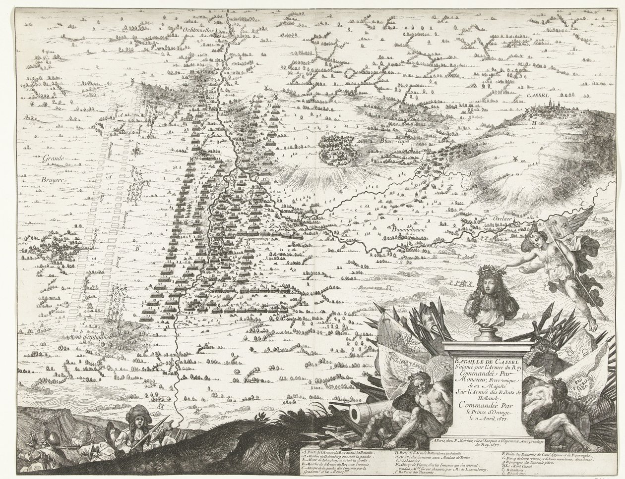 Kuona Kasselissa, 1677 Casselin taistelun voitti kuninkaan armeija, jota komentaa Hänen Majesteettinsa ainoan veljen Hollannin säätyjen armeija, Oranssin prinssin komentaja 11. huhtikuuta 1677 (otsikko esineessä) tekijältä Anonymous