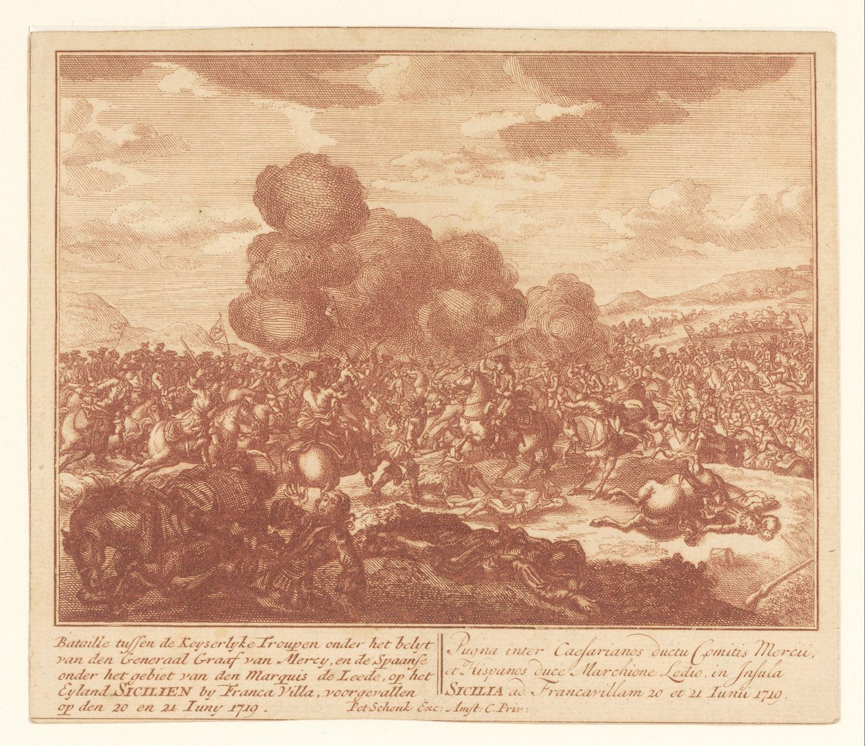 Taistelu keisarillisten joukkojen ja espanjalaisten välillä Sisiliassa kesäkuussa 1719 Bataille Keyserlijke Troupenin välillä kenraali Graaf van Mercyn komennossa ja espanjalaisten välillä markiisi de Leeden (...) hallinnassa (otsikko esineessä) tekijältä Anonymous