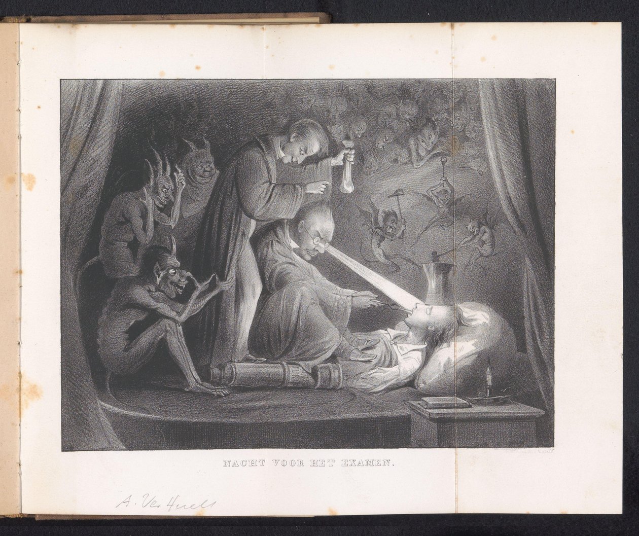 Sarjakuva Leidenin opiskelijaalmanakissa, 1844 Koetta edeltävä ilta (otsikko esineessä) tekijältä Anonymous