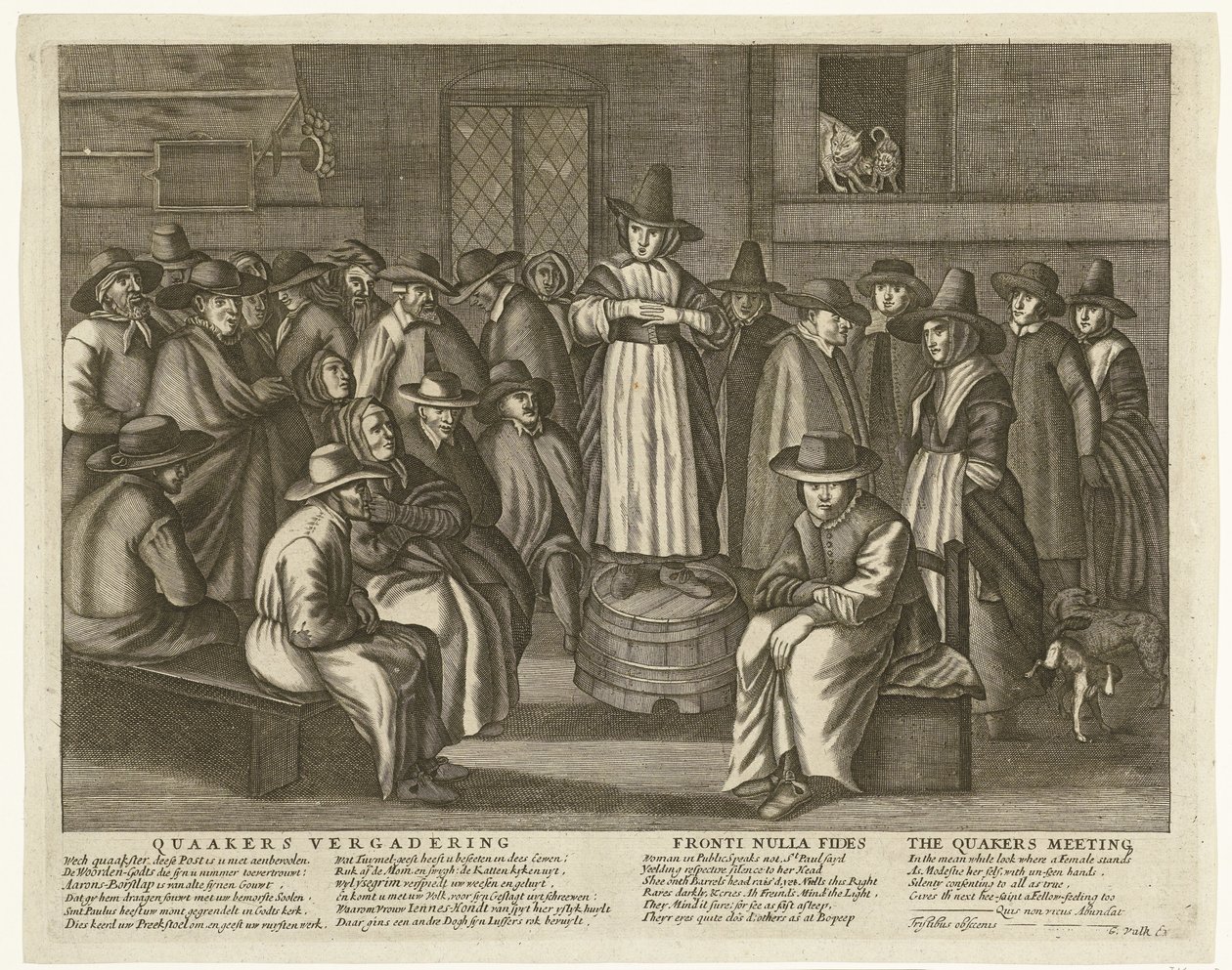 Sarjakuva Englannin kveekereista, noin 1656 Quaaker Meeting / Fronti Nulla Fides / The Quakers Meeting (otsikko esineessä) tekijältä Anonymous