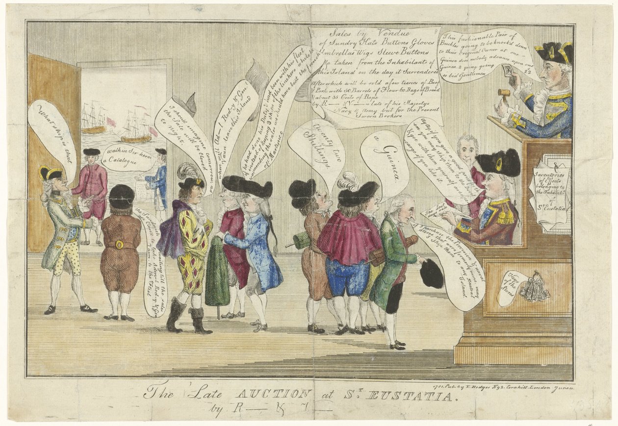 Englannin sarjakuva St. Eustatiuksesta, 1781 Myöhäinen huutokauppa St. Eustatiassa (otsikko esineessä) tekijältä Anonymous