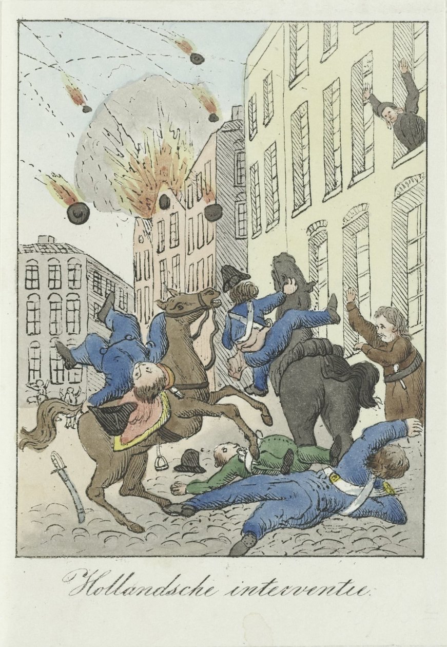 Sarjakuva Alankomaiden interventiosta, 1831 Hollannin väliintulo (otsikko esineessä) tekijältä Anonymous