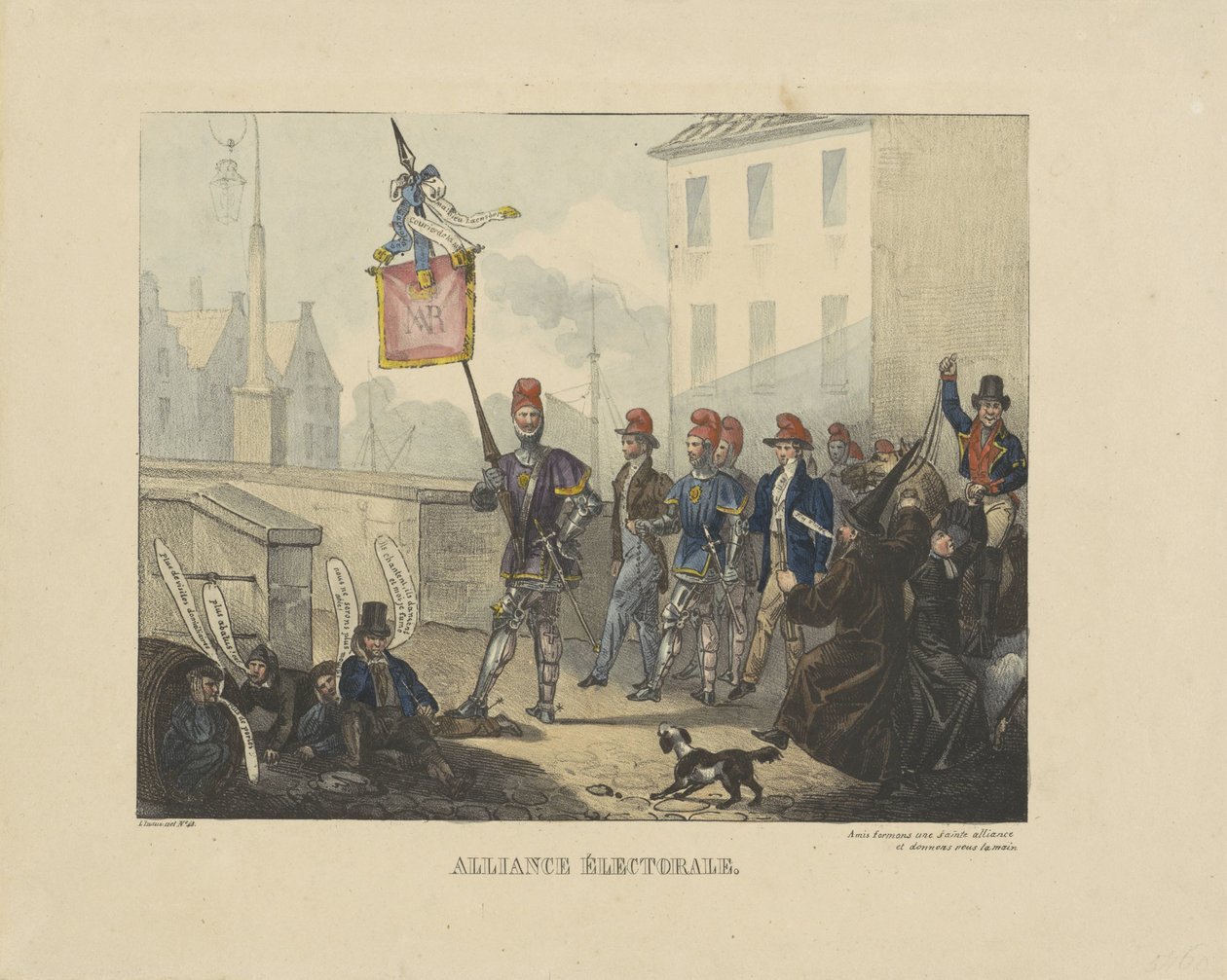 Sarjakuva Rooman papistopuolueen ja liberaalipuolueen välisestä liitosta Alankomaiden hallitusta vastaan, 1828 Alliance Electoral (nimike esineessä) tekijältä Anonymous