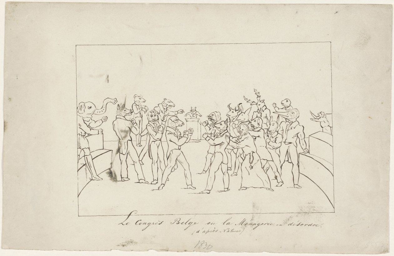 Sarjakuva, joka kuvaa Belgian kansalliskongressin erimielisyyttä kuninkaan valinnasta, 1831 Le Congress Belge ou la Menagerie en désordre. (d