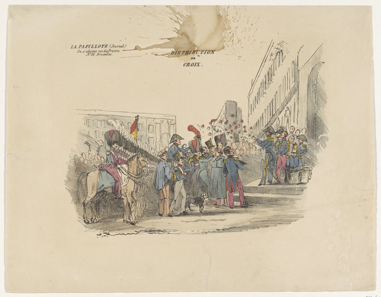 Sarjakuva Belgian kunniaristien jakamisesta, 1834 Distribution de Croix (otsikko esineessä) tekijältä Anonymous
