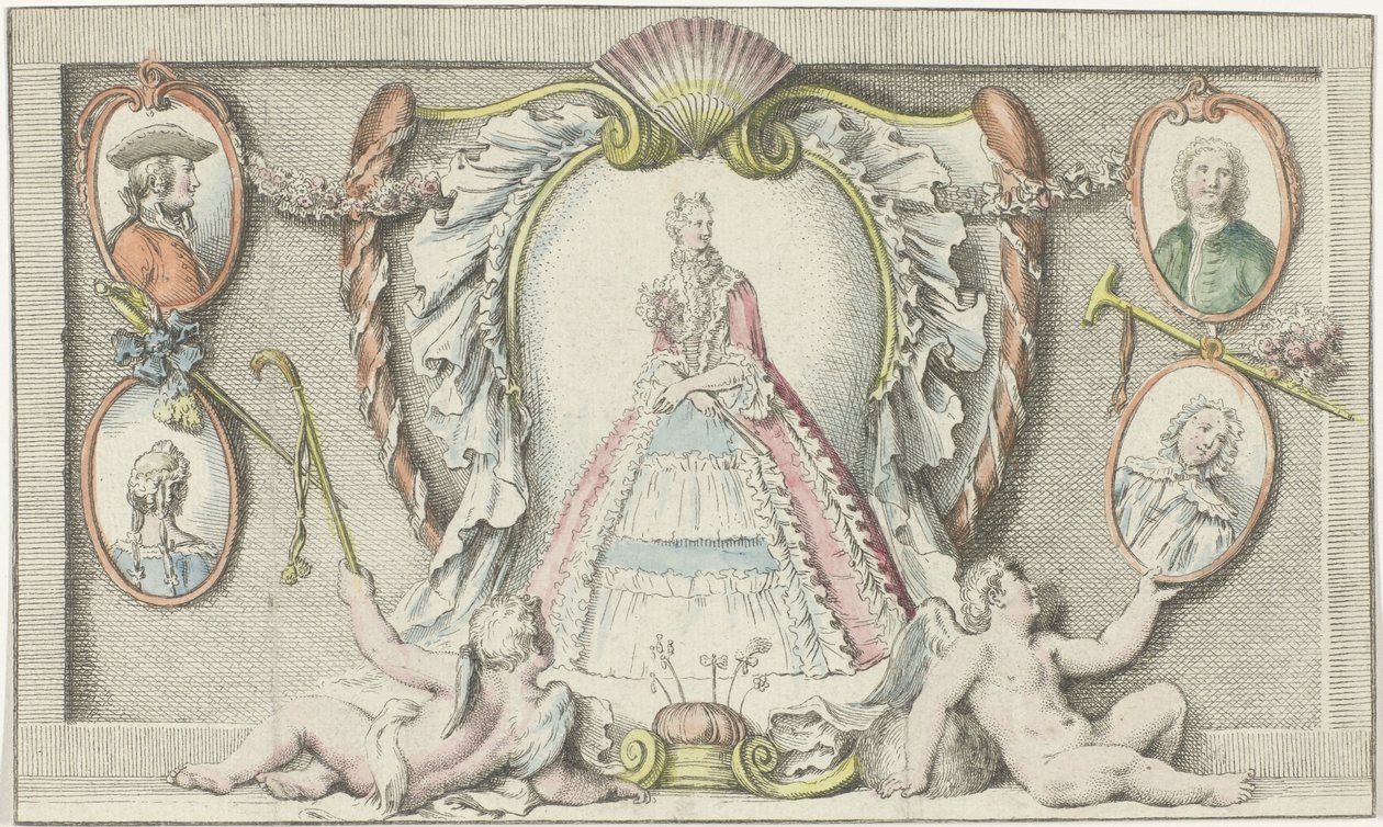 Seisova nainen, kaksi puttia ja neljä medaljonkia Muoti 1730 Mercure de France (sarjan nimi) tekijältä Anonymous