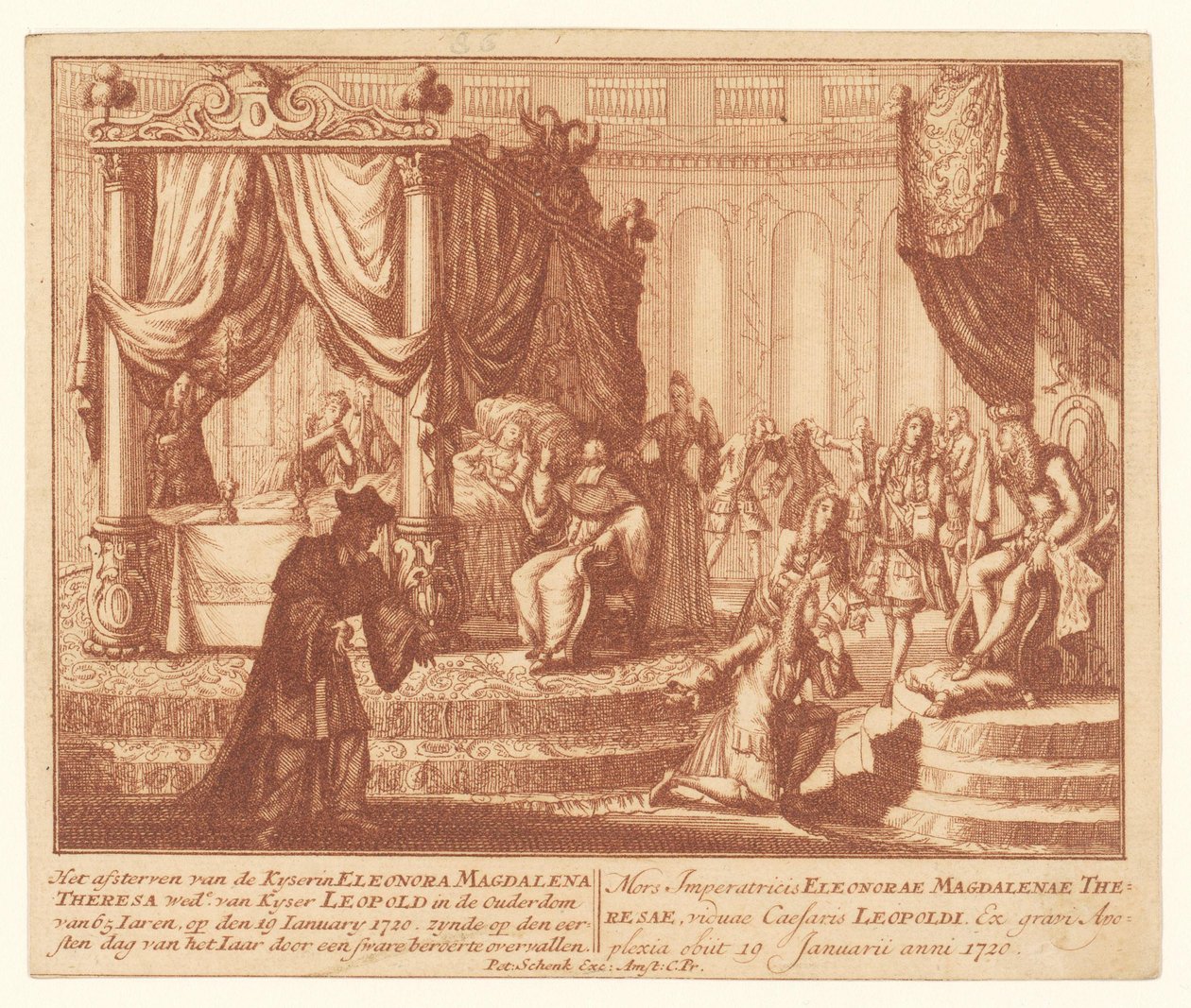 Pfalzin keisarinna Eleanorin kuolinvuode 19. tammikuuta 1720 Kyserin kuolema Eleonora Magdalena Theresa Woad. Kyser Leopoldin 65-vuotiaana Iaren (...) (otsikko esineessä) tekijältä Anonymous