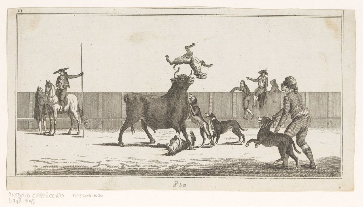 Koirien hyökkäämä härkä Coleccion de las Principles suertes de una corrida de toros (sarjan nimi esineellä) Kokoelma tärkeimmistä härkätaisteluharjoituksista (sarjan nimi) tekijältä Anonymous