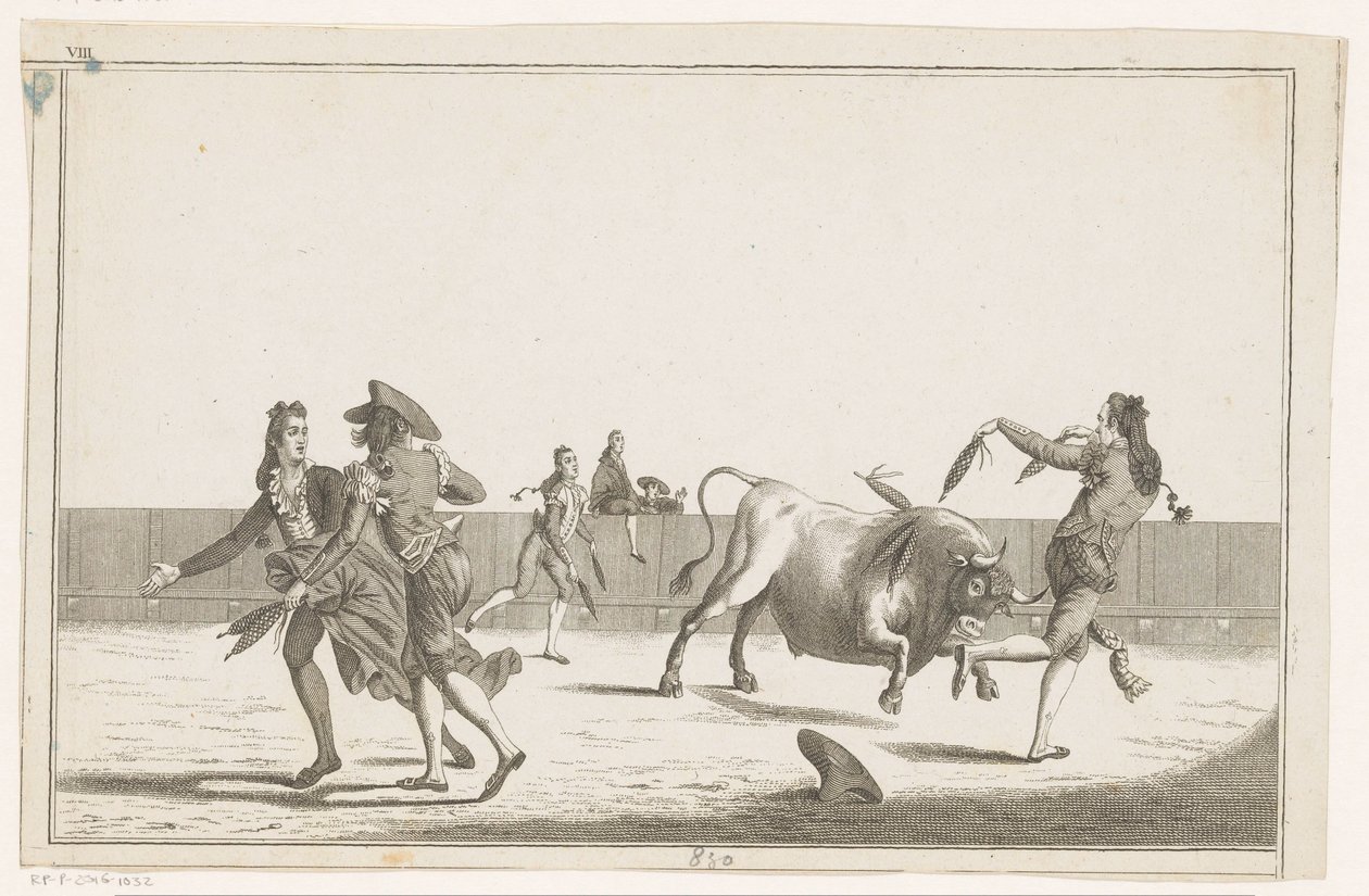 Härkä haastaa banderillat Coleccion de las Principles suertes de una corrida de toros (sarjan nimi esineellä) Kokoelma tärkeimmistä härkätaisteluharjoituksista (sarjan nimi) tekijältä Anonymous