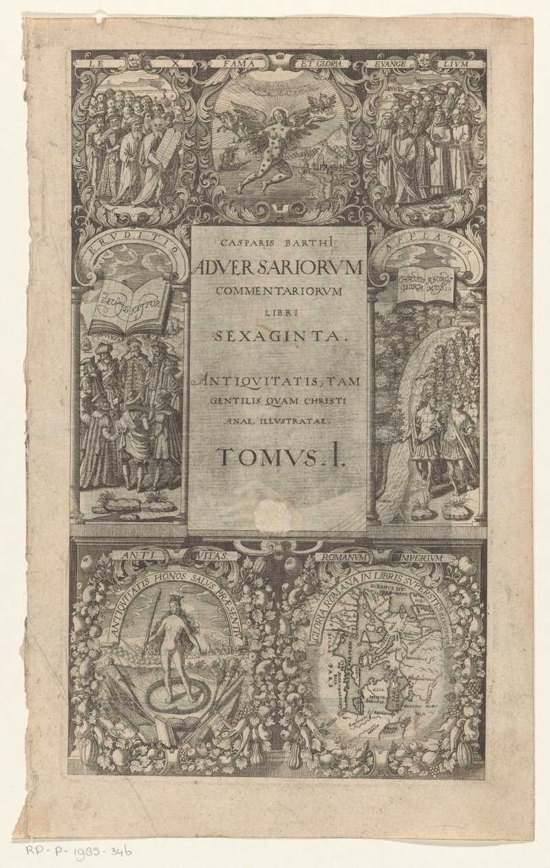 Titel tapasi rondom zeven cartouches Vastustajien kommentit, kuusikymmentä kirjaa, osa I (otsikko esineessä) Nimisivu: Caspar von Barth, Adversariorum commentariorum libri LX, 1624 tekijältä Anonymous