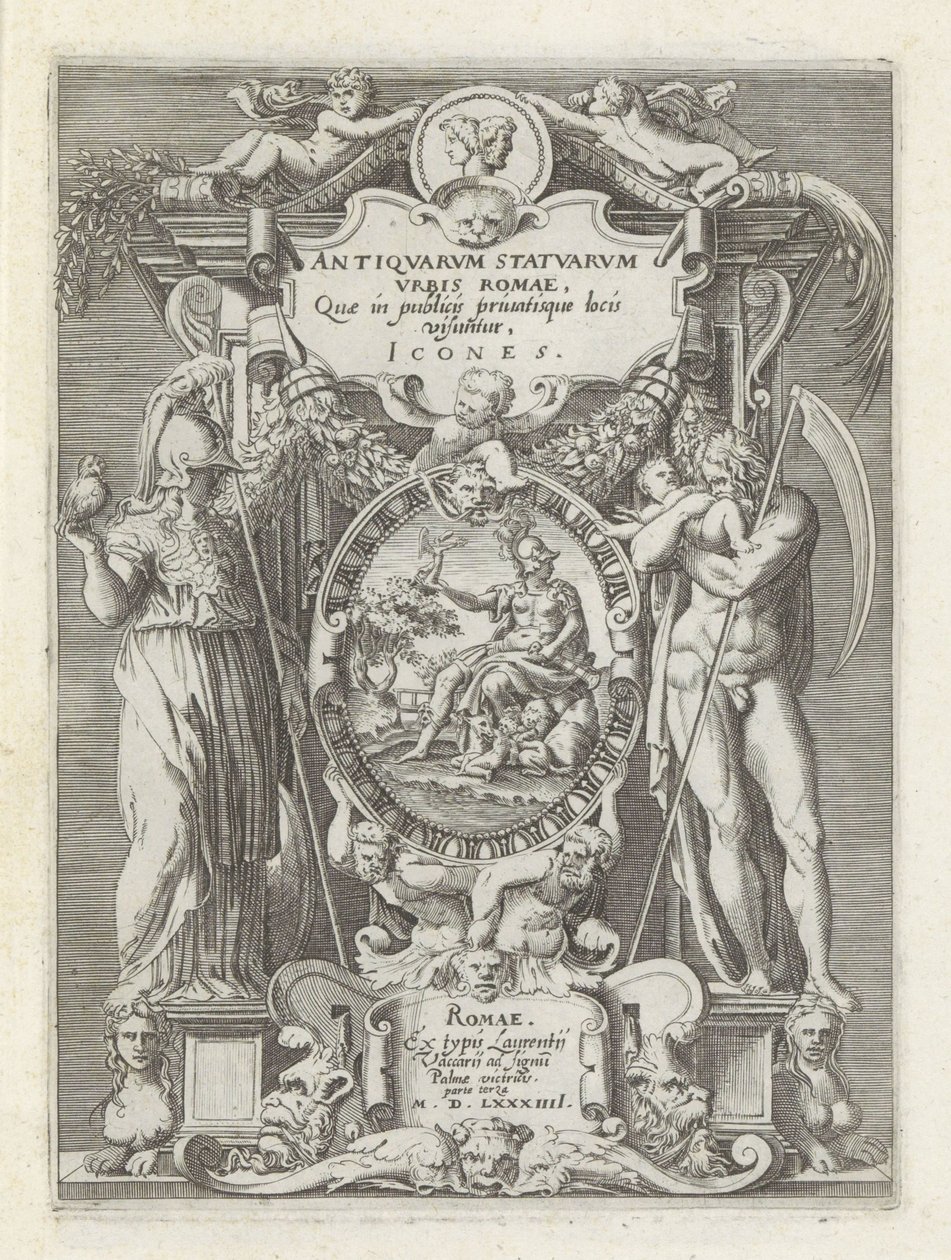 Titelprent met Rooma, Minerva en Saturnus Antiikkiveistoksia Roomassa (sarjan nimi) Ikonit Rooman kaupungin muinaisista patsaista, joita nähdään julkisilla paikoilla (sarjan nimi esineessä) tekijältä Anonymous