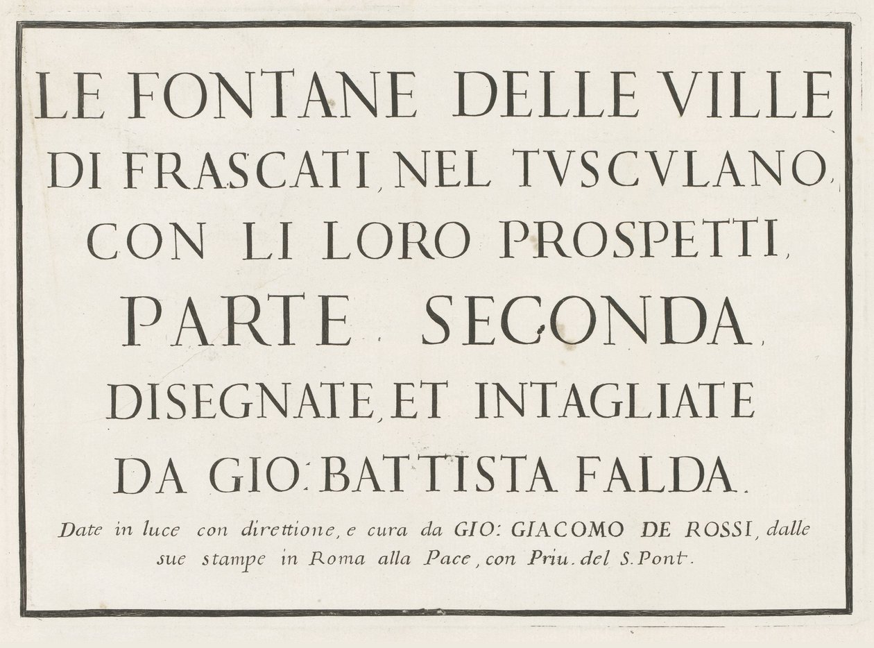 Otsikkopainatus kehystetyllä otsikolla Fontane delle ville di Frascati (sarjan nimi) Frascatin suihkulähteet (sarjan nimi) tekijältä Anonymous