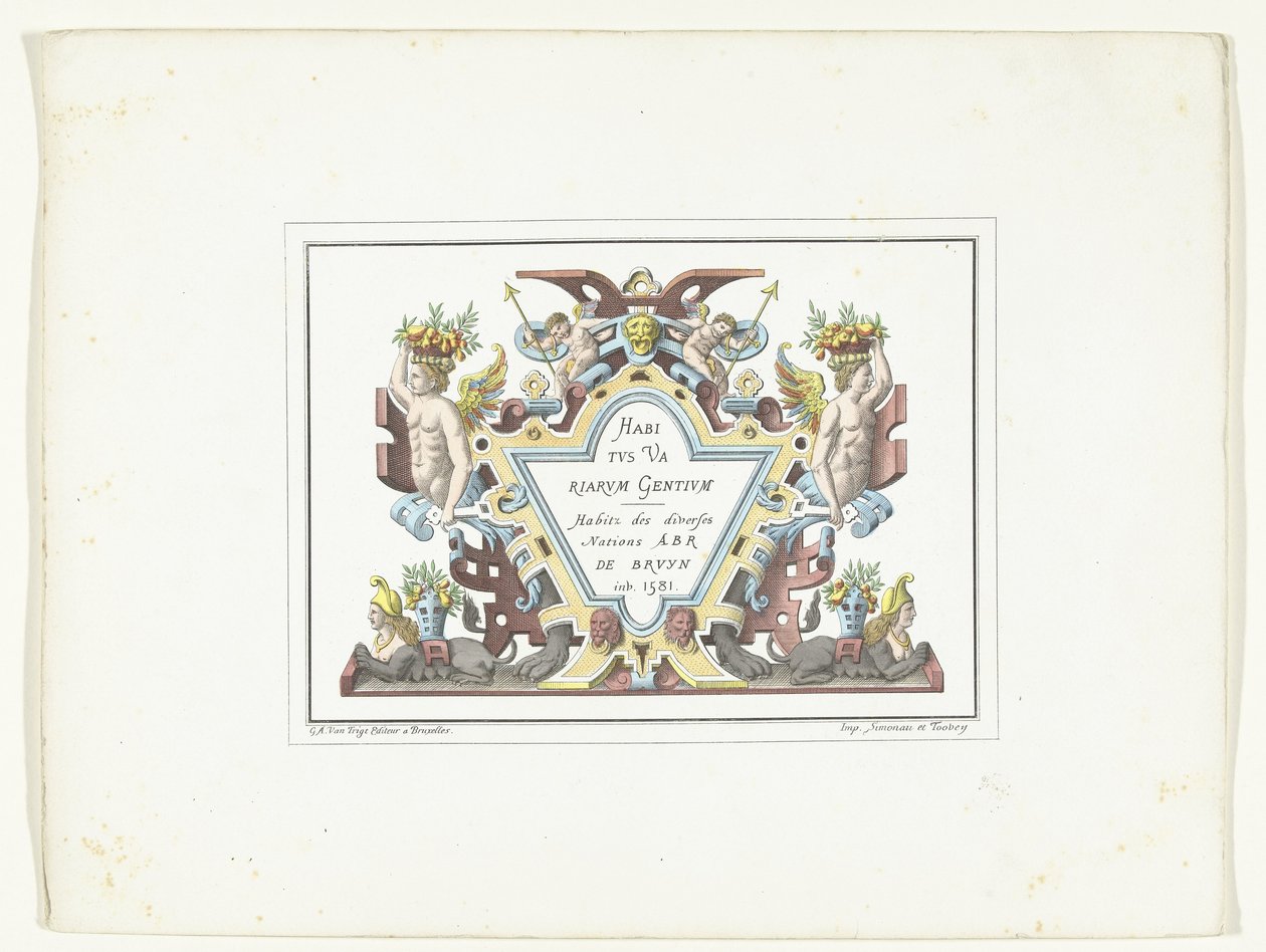 Titelprent voor de serie kostuumrenten in faksi Habitus Variarum Gentium Habitus Variarum Gentium / Habitz des divers Nations Abr De Bruyn inv. 1581 (otsikko esineessä) tekijältä Anonymous