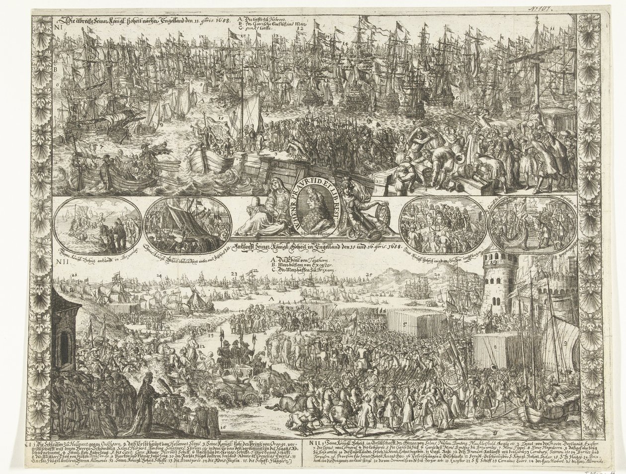 Willem III:n tytär Englantiin, 1688 Hänen kuninkaidensa purkaminen: Korkeus Englannissa 11. marraskuuta 1688 / Hänen kuninkaidensa saapuminen: Korkeus Englannissa 15. ja 16. marraskuuta 1688 (otsikko esineessä) tekijältä Anonymous