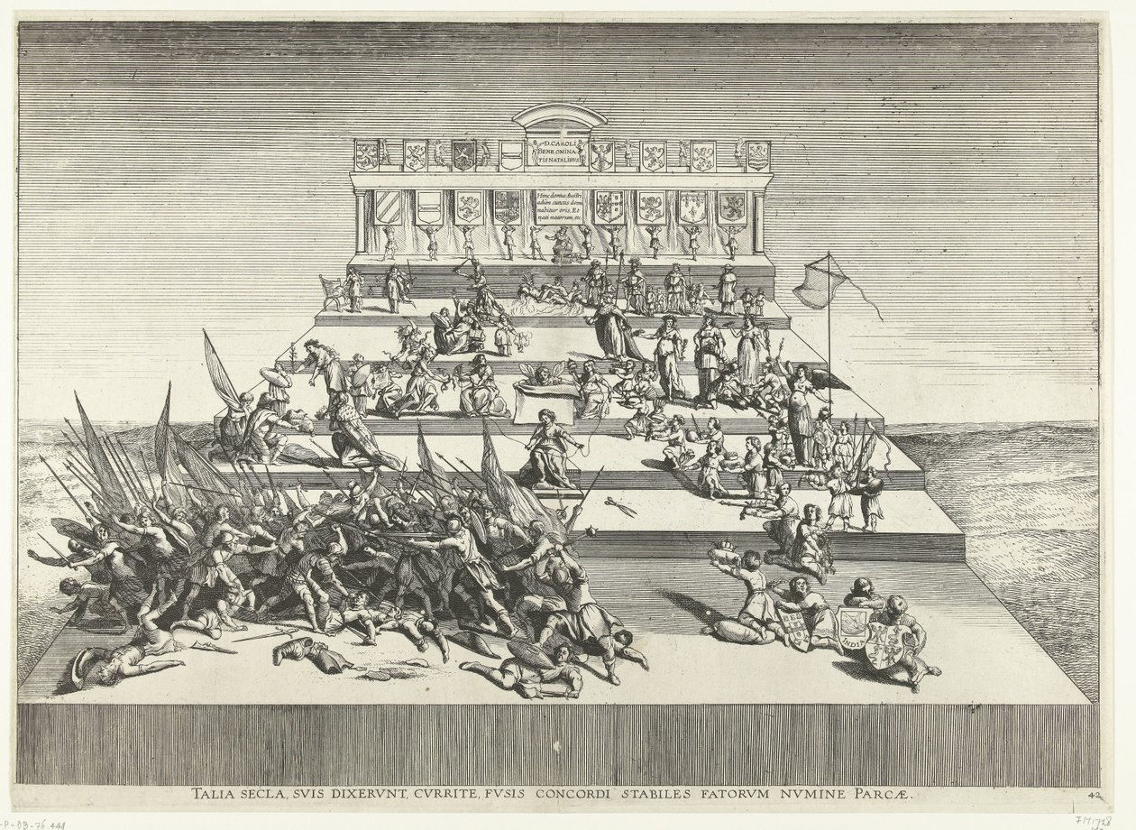 Toneelvoorstelling over oorlog en vrede; intocht van Ferdinand te Gent vuonna 1635 (nro 42) Sellaiset vuosisadat, he sanoivat omilleen, juoksivat, karat sopusoinnussa, vakaat, kohtalonjumalan säästämät (nimi esineessä) Charles V:n Genethliacon-teatteri tekijältä Anonymous