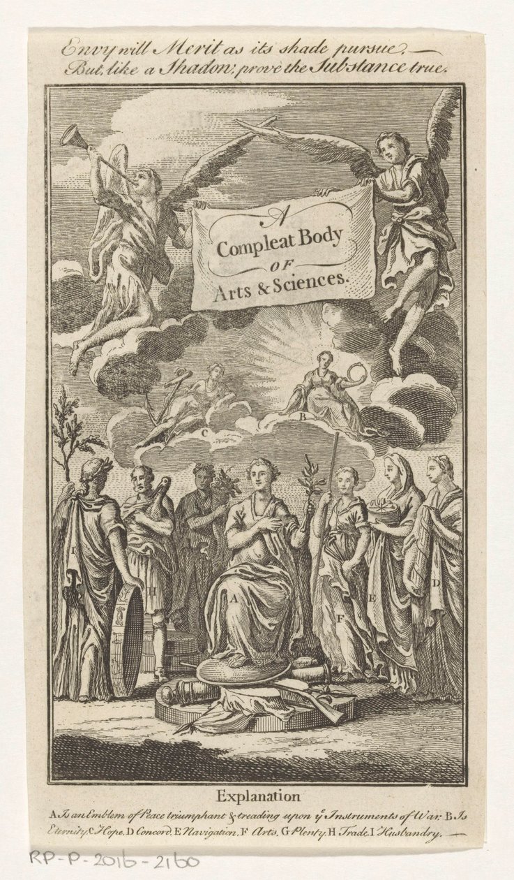 Triomf van Vrede Täydellinen Body of Arts & Sciences (otsikko esineessä) Otsikko voor: S.n., The Universal Magazin of Knowledge and Pleasure, Vol III, 1748 tekijältä Anonymous