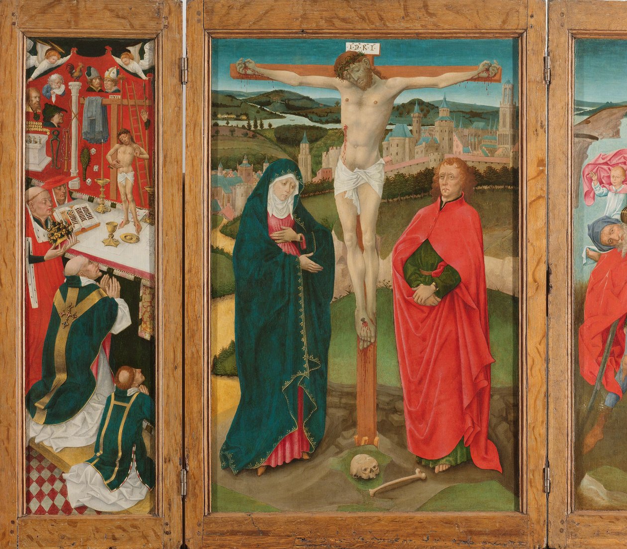 Triptyykki ristiinnaulitsemisen kanssa Triptyykki ristiinnaulitsemisella (keskipaneeli), Pyhän Gregorin messu (vasen sisäsiipi), Pyhän Kristoferin messu (oikea sisäsiipi) ja Marian ilmestys (ulommat siivet) tekijältä Anonymous